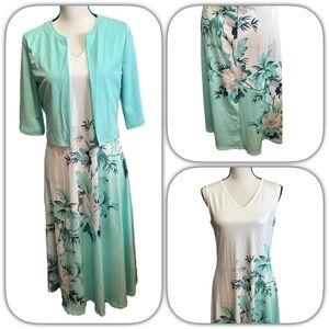 NWOT 2 pc Floral Print Dress with Jacket Set - Mint Green and White Sz M